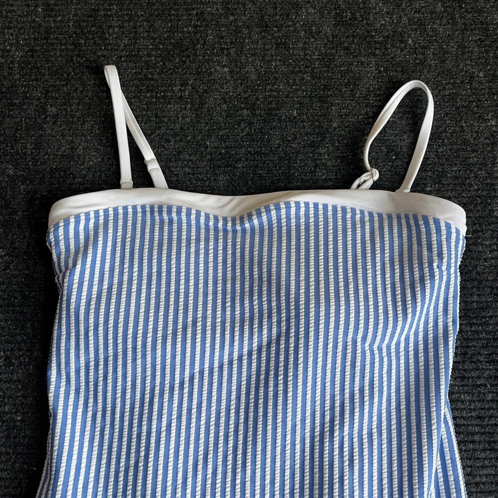 Abercrombie & Fitch 1 Piece Swimsuit Womens L Blue White Seersucker Striped NWOT